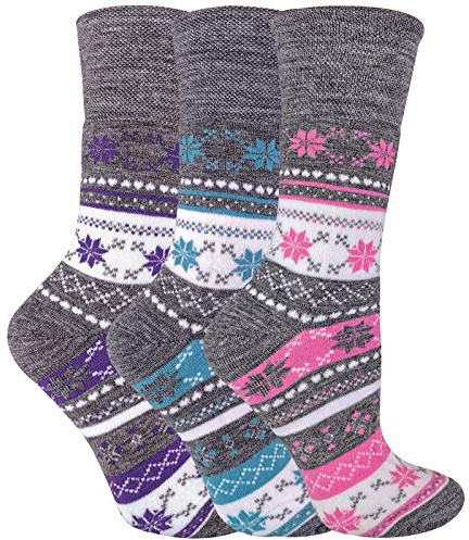 Sock Snob - 3er Pack Damen Ohne Gummi Winter Socken für Diabetiker - Diabetikersocken Thermosocken mit Norweger Muster (37-42 EU, Grau)