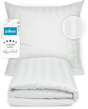 ZOLLNER Satin Bettwäsche, bestehend aus Kissenbezug und Deckenbezug - 80x80 cm + 140x200cm - edles Längsstreifendesign (20mm) - Baumwolle - waschbar bis 95°C – Hotelqualität