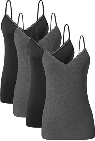 Ymmchy Damen Tanktop mit Spitzen Unterhemd Spaghettiträger Basic Top V-Ausschnitt Verstellbare Trägertop 4er Pack Schwarz/Dunkelgrau/Schwarz/Dunkelgrau M