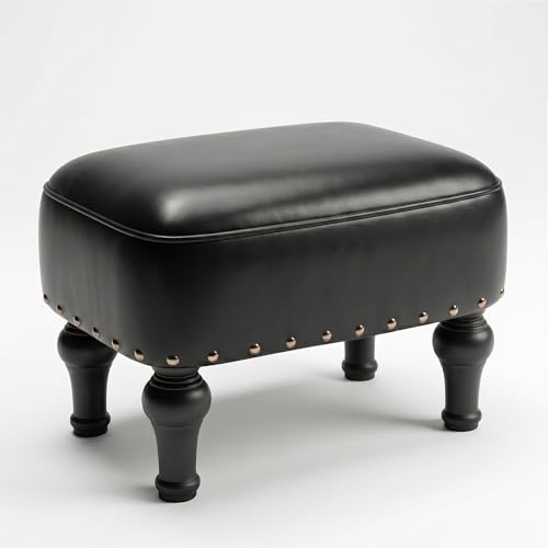 Cmishe Ottoman Leather Footrest,Vintage Footstool,Thickened Foam Upholstered Seat,Wooden Leg Foot Rest,Under Desk Shoe Bench Small Bench for Living Room Dining Room(Black)
