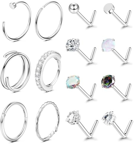 Adramata 14K guldfyllda näsringar stift 20 g 316L kirurgiskt stål näsring guld L-formade näsklämmor näsringar set för kvinnor män simulerad diamant näspiercing smycken (14 st), Rostfritt stål