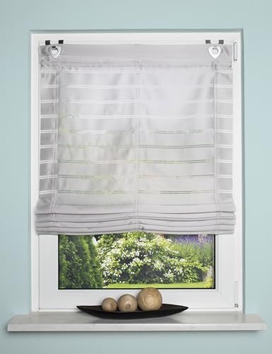 Raffrollo Fenster-Gardine Raffgardine Ösenrollo Vorhang Dekostoff mit Querstreifen und Blende OHNE Fensterhaken in Farbe Grau 1 Stück BxH: 60 x 140 cm