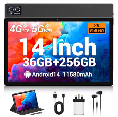 AXETOP 14 Inch Tablet, Android 14 Tablet with SIM Card Slot, 36GB RAM+256GB ROM(TF 1TB), 4G LTE+5G WiFi, Octa-Core,8MP+13MP,11580mAh, Widevine L3, 4 Speakers, Tablets with Case/Stylus/Earphones(Black)
