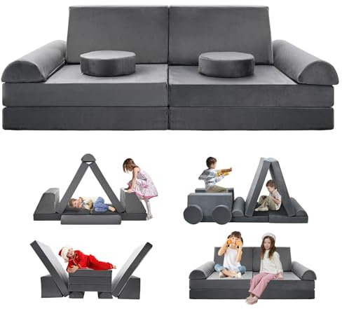 SUNYRISY Spielsofa für Kinder, Schaumstoff Soft Bausteine Funzy Kindersofa Ausklappbar für Kinderzimmer Kuschelecke, Wandelbares Modulares Mini Sofa, Grau