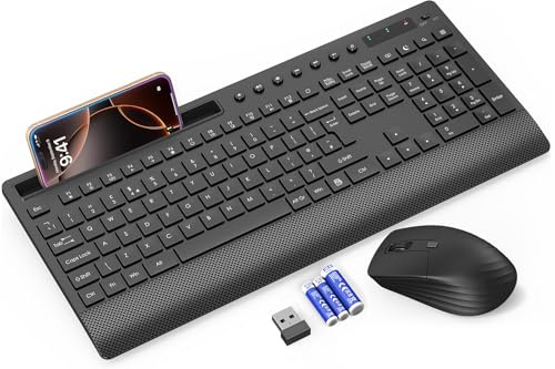Wireless Keyboard and Mouse Combo, Full-Size 2.4GHz Quiet Keyboard with Wrist Rest, Phone Holder, Multimedia Keys, Power Switch, Cordless Set for Windows, Chrome OS, PC, Laptop (Batteries Included)