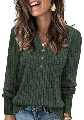 Fisoew - Jersey de mujer con cuello en V, mangas largas ligeras, elegante, acanalado, sudadera básica, camiseta suelta con botón, verde, XXL
