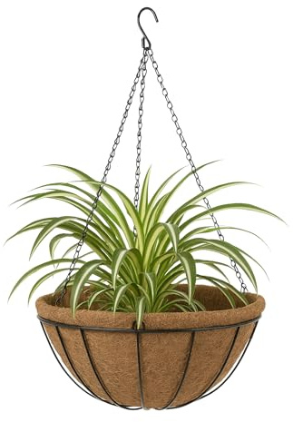 TECHZOCO Macetero de Coco Colgante, Maceta de Coco diseño Lineal, Tiesto Colgar Flores, Fabricado en Fibra de Coco y Metal, Recipiente Pared para Flores, 20 cm diámetro x 11 cm Alto