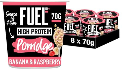 FUEL10K High Protein Banana & Raspberry Porridge Pot, 13g Protein & Source of Fibre, 70g (Pack of 8)