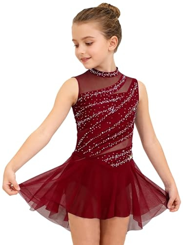 XUNZOO Fille Robe De Ballet Patinage Artistique pour Enfant Costume Robe De Danse Lyrique Latin Jazz Cours Gymnastique Bourgogne 11-12 Ans
