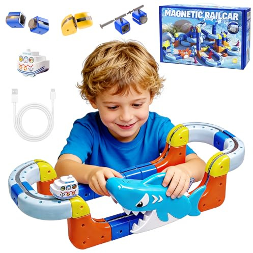 3T6B Juego de Tren Eléctrico Flexible Pista de Carreras, Bloques magnéticos y Tren motorizado, Diseños Integrados 3D Que desafían la, Juguetes para niños a Partir de 3 años (85 Piezas)