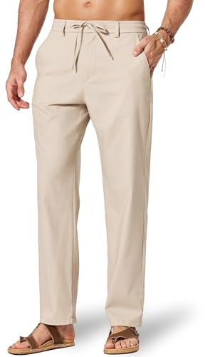 COOFANDY Pantalones de algodón Lino Hombre Verano Cintura elástica cordón Ajustable Informales Ligeros Beige M