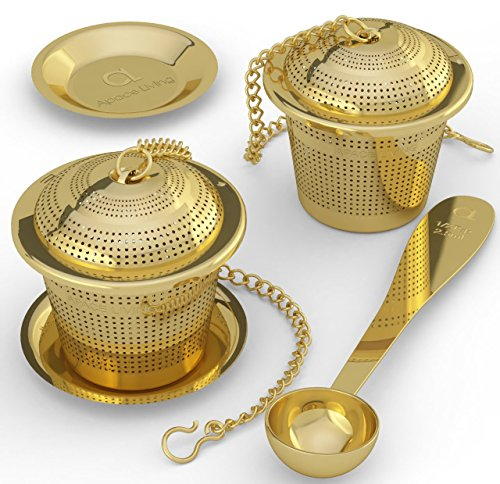 Apace Loose Leaf Tea Infuser (Set of 2) with Tea Scoop and Drip Tray - Ultra Fine Stainless Steel Strainer & Steeper (Gold, Medium)
