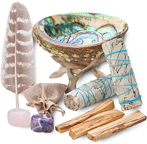 Home Cleansing & Smudging Kit with White Sage, Palo Santo, Abalone & Stand, Smudge Feather & Guide - Smudge Kit with Sage Smudge Sticks