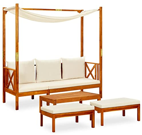 vidaXL Akazienholz Massiv Gartenbank mit Tisch Fußhockern Gartenmöbel Sitzgruppe Sitzbank Gartenliege Sonnenliege Gartenset Terrassenmöbel