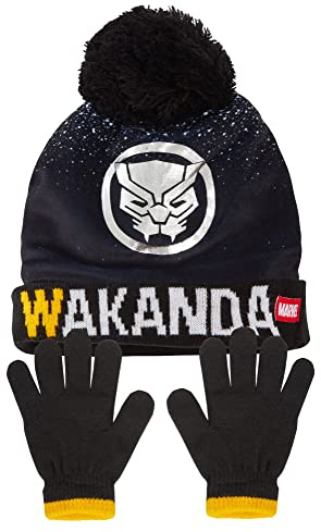 Marvel Jungen Bommelmütze + Handschuhe Winter Set Captain America oder Wakanda Black Panther Set, Black Panther, 6-8 Jahre