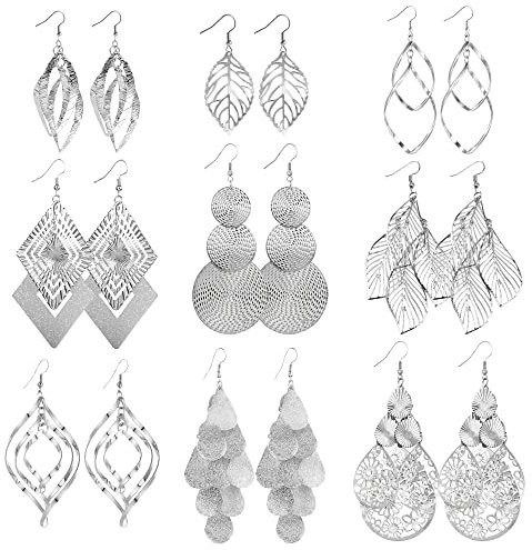 Boucles d'oreilles pendantes en argent pour filles, ensemble parfait, motifs multiples, adaptées à toutes les fêtes, boucles d'oreilles en matériau hypoallergénique légères et élégantes (9 paires)