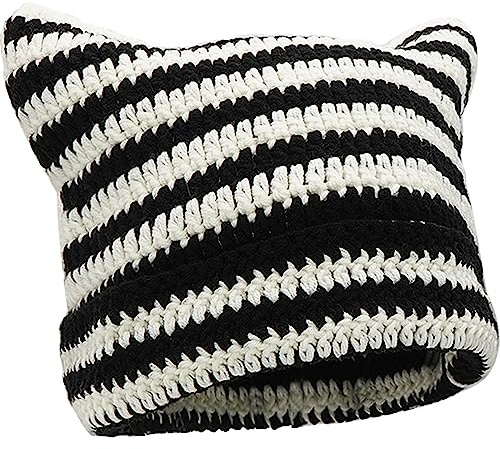 XYIYI Black White Crochet Hats for Women Cat Ear Knit Hat Vintage Beanie Grunge Accessories Slouchy Beanies for Womens