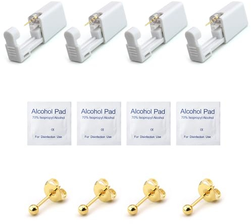 Getta per Piercing All'orecchio Kit,Pistola Oer Piercing All'orecchio,Pistole Usa e Getta Asettiche,Set di Pistole Perforanti,Pistola Orecchini con Orecchini a Bottone,per Donna e Uomini,oro,4pcs (4)