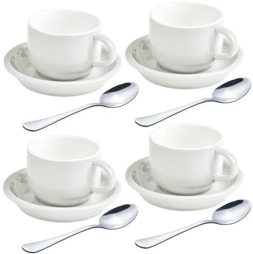 homEdge Premium Espressotassen und Untertassen Set mit Espressolöffeln, 75 ml, Weiß, 4 Stück