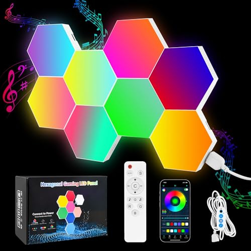 8 Panneaux Lumineux LED Connectés, Appliques Murales Luminaires Intérieur Hexagonales Modulaires et Variables, Gaming Hexagone LED RGB, Lumières Créative avec Synchronisation de la Musique pour Salon