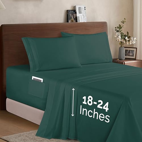 Elegant Comfort Luxury 1500 Premium Hotel Quality Microfiber 4-Piece Sheet Set - Soft, All Around Elastic 18-24 Inches Deep Fitted Sheet - Extra Deep Pocket Sheets, Queen, Hunter Green