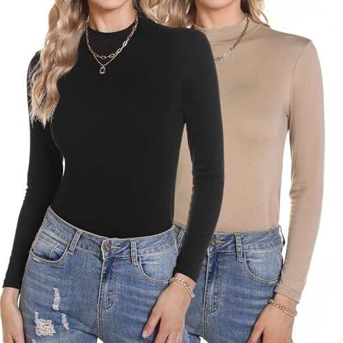 Aottori Camiseta Cuello Alto Mujer Pack de 2 Manga Larga Básica Top Elegante Sólido Camisa Casual Ligero Elástico Suave Interior Térmico T Shirt