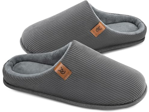 VeraCosy Men's Corduroy Slip-on Slippers Cosy Non-Slip Memory Foam Indoor House Shoes with Coral Fleece Lining Cool Grey,10-11 UK