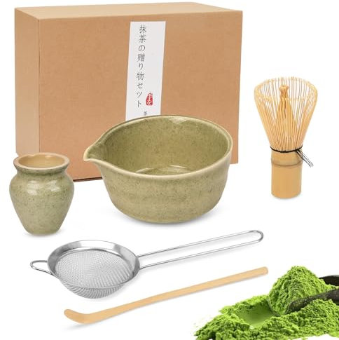 HAPLOVE Juego de té matcha de alta calidad con batidor de bambú, cuchara de cuenco de cerámica y soporte, kit completo de fabricación de matcha para ceremonia de té tradicional japonesa, juego de