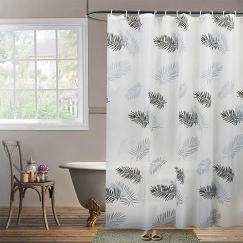 Lkw Ogechi Duschvorhang Anti Schimmel 240x200cm mit Haken, Plastik Wasserdicht Duschvorhang, PEVA Halbtransparent Waschbar Weiß Badezimmervorhang mit Schwarze Blätter