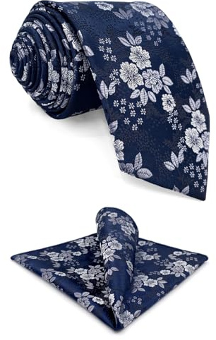 S&W SHLAX&WING Set de Corbata y Pañuelo de Bolsillo Floral Azul Marino Plata Blanco para Hombre 147cm Toque de Seda
