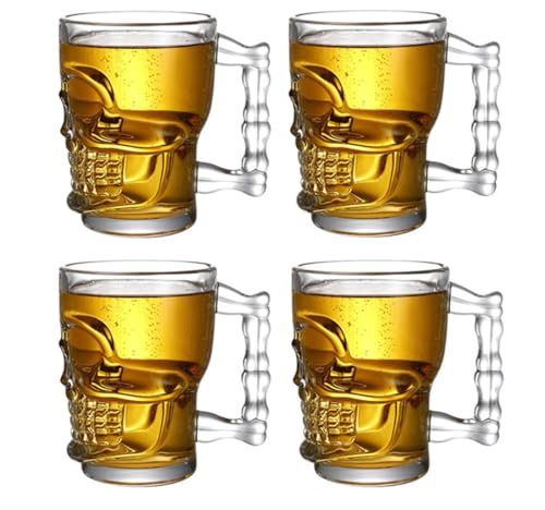 Tazze da birra a forma di teschio, tazze da caffè e latte, ispessite con manico per attaccare la birra, tazze da birra in vetro trasparente (500 ml, confezione da 4)