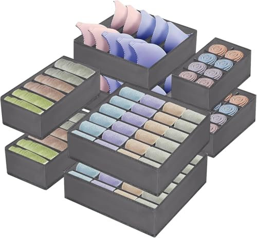 Zosenyer Organizer Armadio Cassetti Intimo, Set di 8 Organizer per Biancheria Intima in Tessuto Non Tessuto, Pieghevole Organizzatore Divisori da Cassetti per Reggiseni Calze Cravatte Grigio
