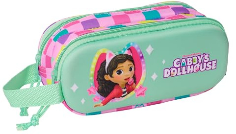 SAFTA GABBY'S Dollhouse 3D - Portatodo Doble 3D, Estuche Infantil, Estuche Niño, Ideal para Niños en Edad Escolar, Cómodo y Versátil, Calidad y Resistencia, 21x6x8 cm
