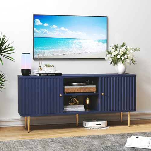 HOLTICO TV Stand Cabinet 55 Inch, Fluted Modern Wooden TV Console Unit with Storage and 2 Doors, Blue Cabinets for 55/60/65 Inch Television, TV Tables for Living Room, Bedroom
