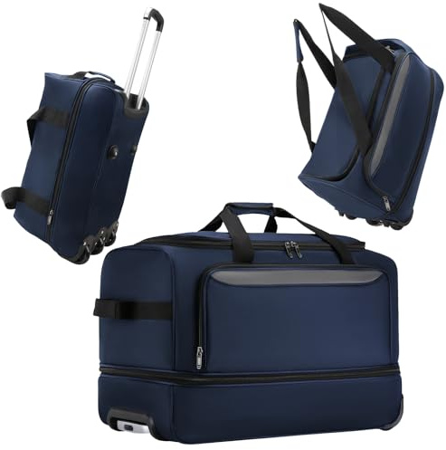 Cozary Borsone da Viaggio con Ruote 57L - Trolley Grande 3-in-1 in Tessuto Oxford Impermeabile, Design Espandibile con Manico (56x29x35cm) per Borsone Trolley - Blu Scuro