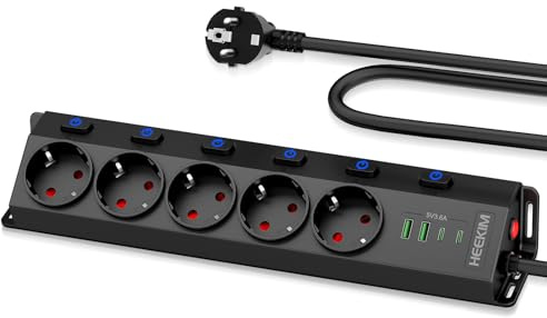 Regleta de 5 Enchufes con 2 USB-A y 2 USB-C, Regleta con Interruptor 4000W 16A, Cable de 2M, Regletas Enchufes para Cocina y Oficina, Enchufe de Mesa Negro (Negro, 2M)