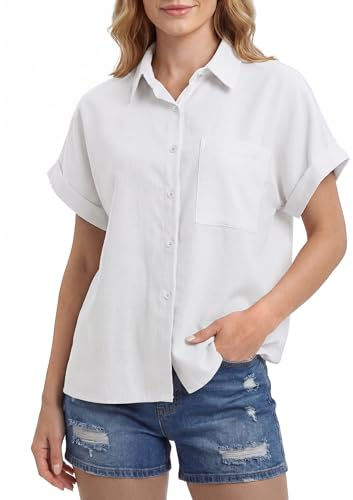 Enmain Womens Short Sleeve Blouse Shirts Linen Cotton Fitted Dress Shirt Lightweight Button Summer Casual Tops with Pockets