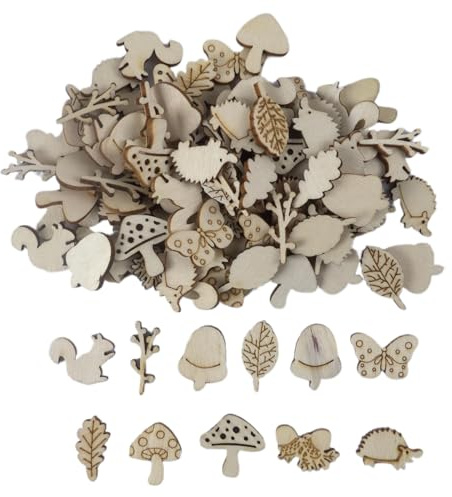 Daleweo 100 Piezas Maderas Para Manualidades Animales del Bosque, Hojas Ardilla Erizo, Confeti Mesa Decoración, Madera Manualidades DIY, Adornos Rústicos Boda Cumpleaños Scrapbooking