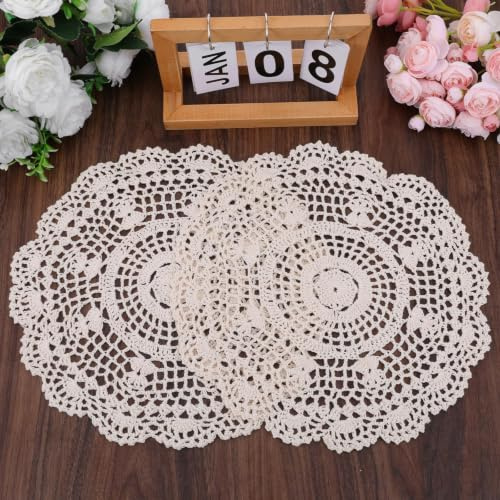 Posavasos de Ganchillo 2 Piezas, Tapetes de Encaje Redondos en Algodón Beige, Manteles Individuales Encaje Vintage, Manteles Individuales Estilo Francés, para Mesa, Cocina, Comedor, Boda y Decoración