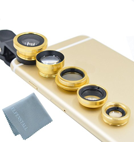Elfenstall 5 in 1 Clip-On Kamera Adapter Optische Weitwinkelobjektiv FishEye Fischauge Objektiv Linse & Micro Objektiv Linsen - Fischaugenobjektiv + Weitwinkel + Mikroobjektiv + 2X EXT Barlow + CPL Polfilter für ihr Smartphone Handy oder Tablet - Universal Linsen Clip in der Farbe (gold)