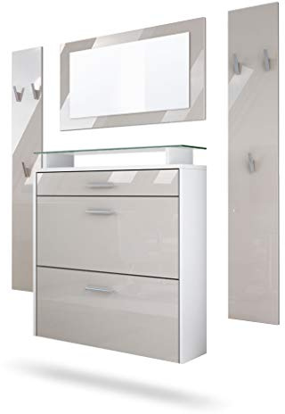 Vladon Garderobe Malea, Garderobenset bestehend aus 1 Hängeschuhschrank, 1 Wandspiegel und 2 Garderobenpaneele, Weiß matt/Sandgrau Hochglanz