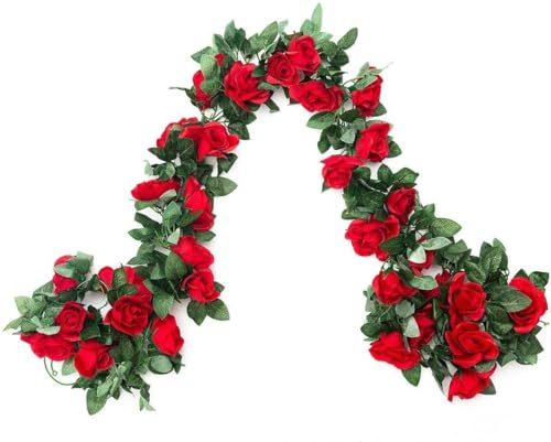 SWSTINLING 2 Pack 16FT Artificial Rose Garland Vine - Silk Fake Red Rose Flower Hanging Vine for Wedding Arch Home Wall Decor Valentine's Day Mother's Day Derby Day Party Decoration