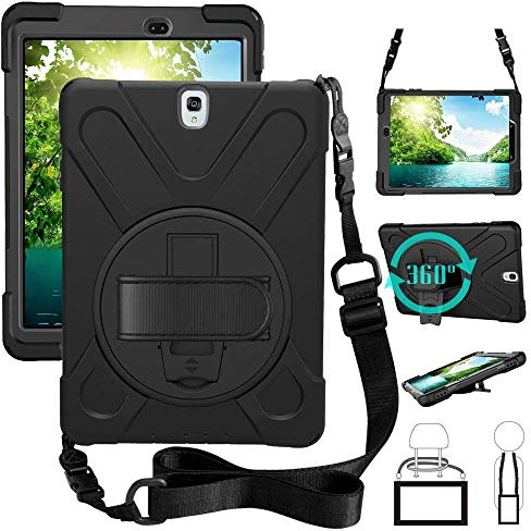 Schutzhülle für Samsung Galaxy Tab S3 9,7 Zoll (24,6 cm), robust, mit Griff, Schultergurt, 360 Grad drehbarer Ständer, SM-T820/T825 Tablet für Kinder und Mädchen, Schwarz
