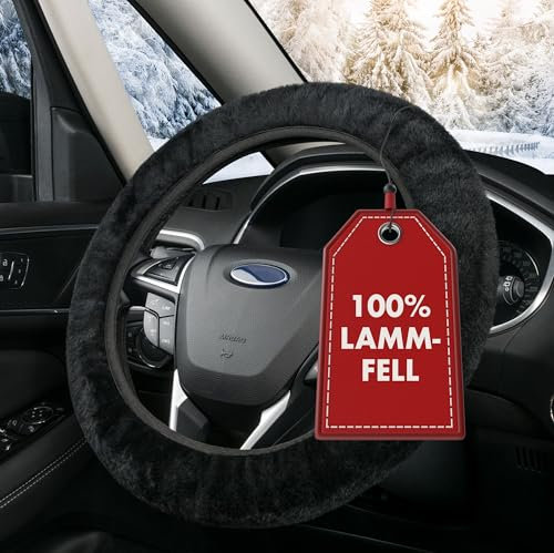 WALSER Lammfell Lenkradbezug, 100% Lammfell Lenkradschutz, Lenkrad Bezug Fell, Auto Winter Zubehör, Lenkrad Wärmer Schwarz