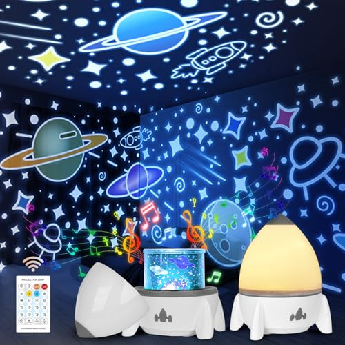 Lampara Infantil, Proyector Bebes Luces y Musica, Proyector de Luz Nocturna, Cohete Juguete Estrella Giratorio con Función de Mando a Distancia y 8 Patrones, Luz Quitamiedos Bebe Regalo Niños