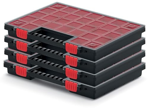 PECZEKO Lot de 4 boîtes de rangement en plastique avec compartiments rouges amovibles, idéales pour les petites pièces, les outils et l'organisation - 40 cm