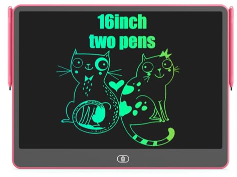 Deux Stylos Tablette D'écriture LCD 16 Poucesavec, portable, tableau magique effaçable et réutilisable, cadeau d'anniversaire de 3 à 8 ans, pour filles et garçons(Rose)
