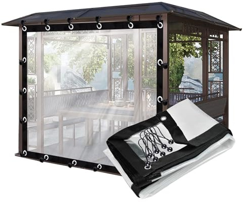 Wasserdichter transparenter Außenplanenvorhang für Pergolen, Terrassen und Balkone, schützende Kunststoff-Seitenteile mit Ösen (2,5 x 1,5 m) – wetterfeste Pavillon-Abdeckung