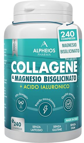 Collagene e Acido Ialuronico + Magnesio Bisglicinato – 240 Compresse, 3000 mg Collagene Idrolizzato con Vitamina C e Coenzima Q10 | Integratore Articolazioni, Ossa, Pelle ed Energia