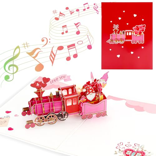 3D Pop Up Valentines Day Card for Her with Light and Music, Romantic Valentines Gift for Her Him, Red Love Train Greeting Card with Envelope